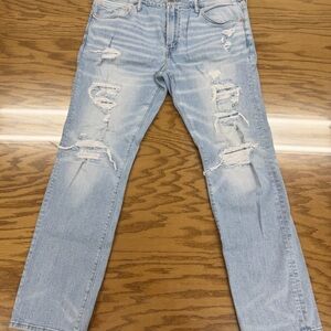 American Eagle Airflex Mens Light Wash Distressed Relaxed Fit 38x32 Ripped Jeans